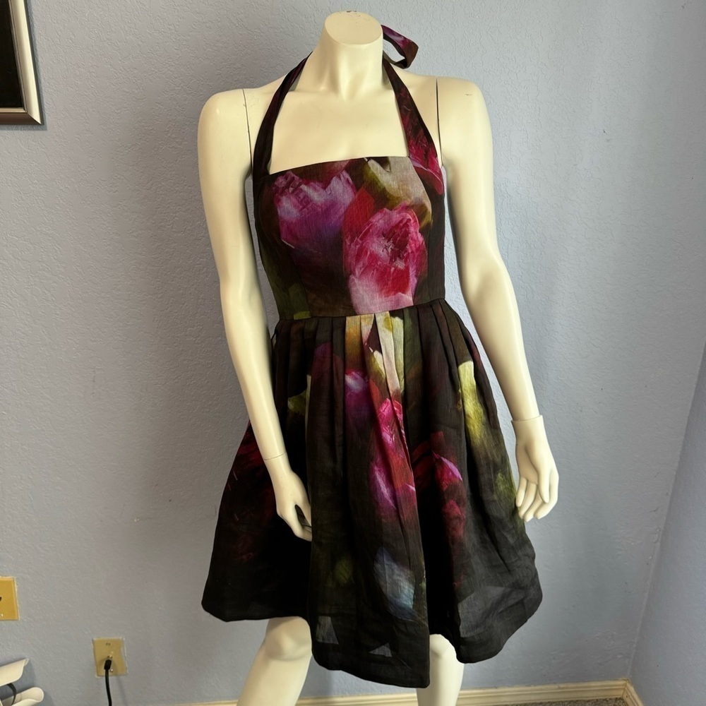Kay Unger Floral Linen Silk Tie Neck Cocktail Dress